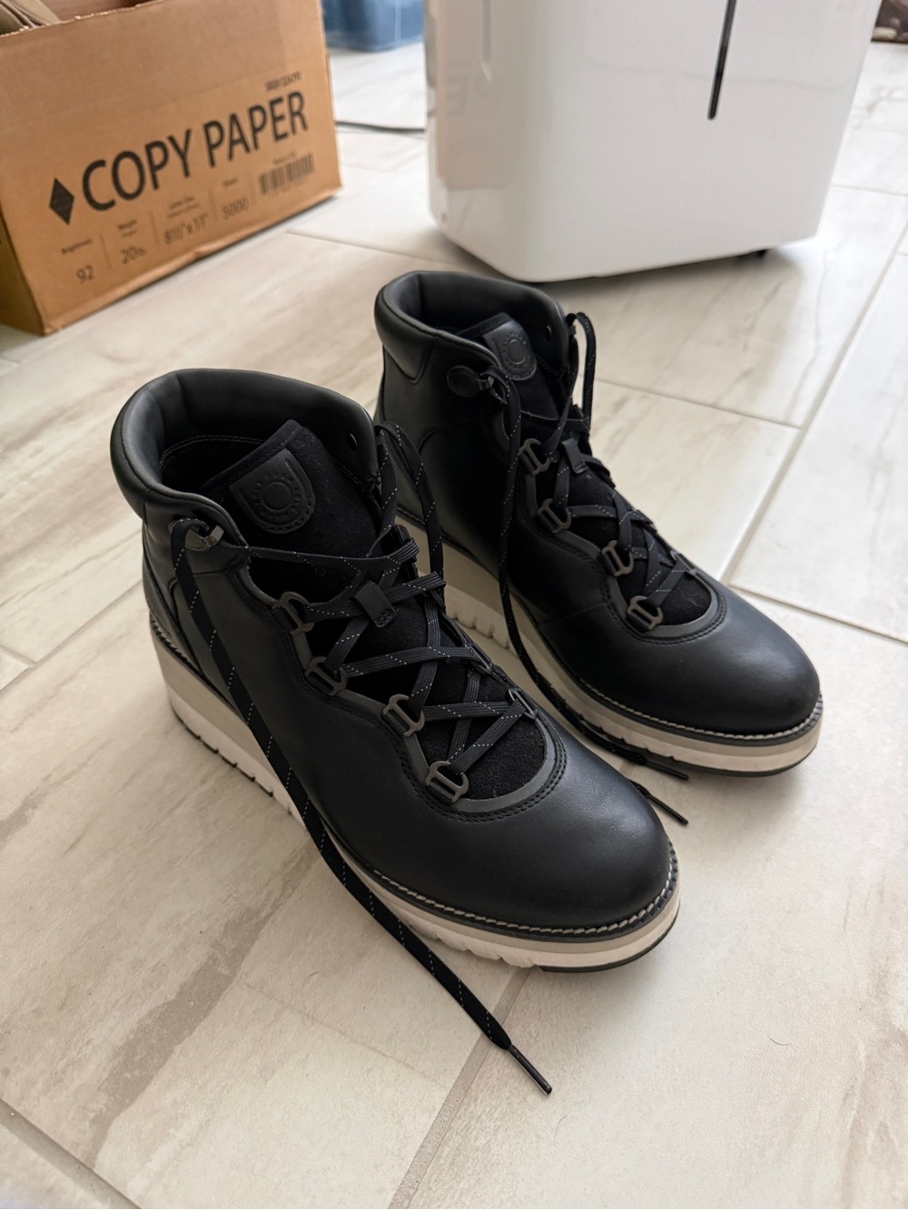 Cole Haan GrandExplore Black Leather Lace-Up Ankle Boots with White Sole